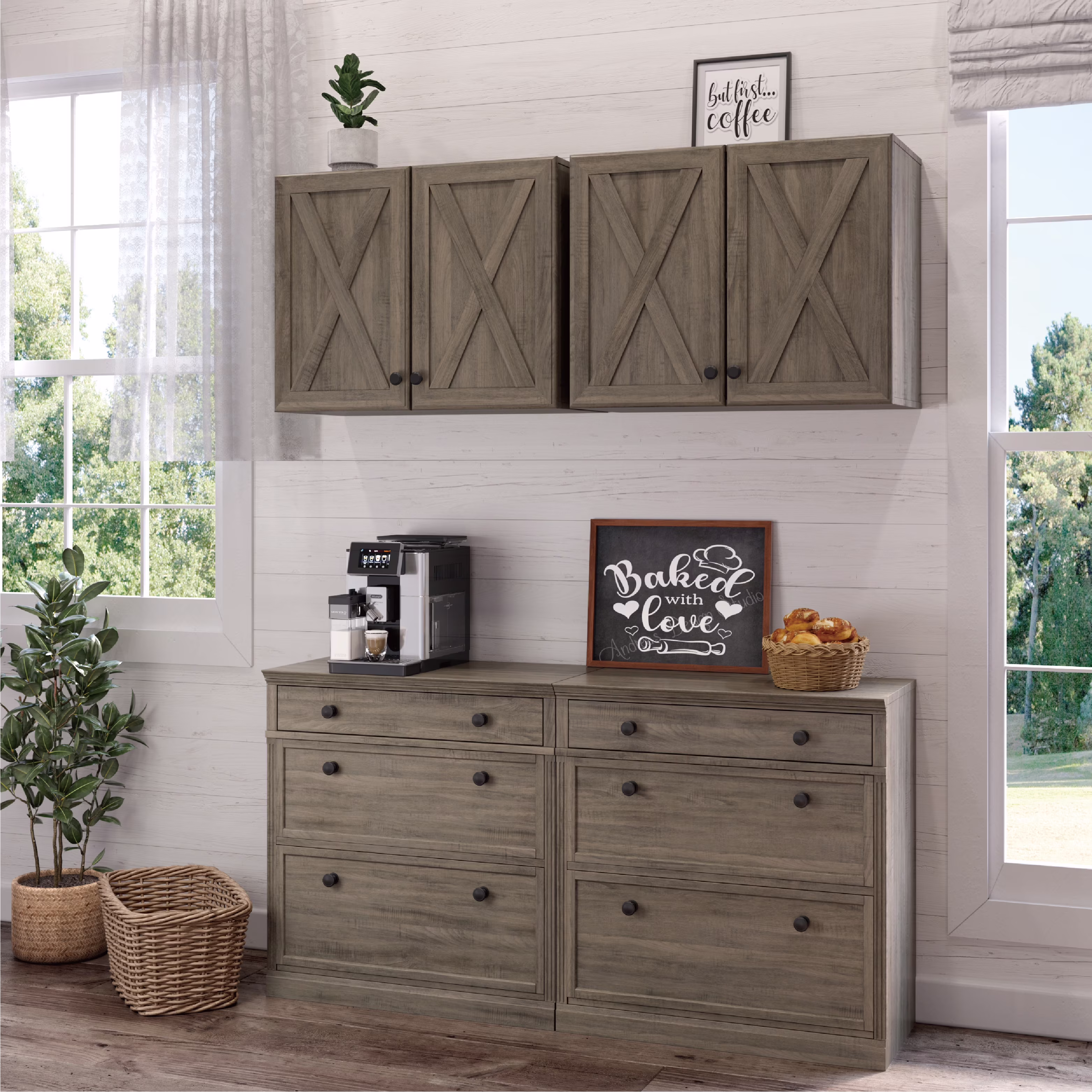 POLIHOME Farmhouse Kitchen Wall Amount Storage Cabinets with Doors and Shelves, One Set of 2 Pieces, Lt Rustic