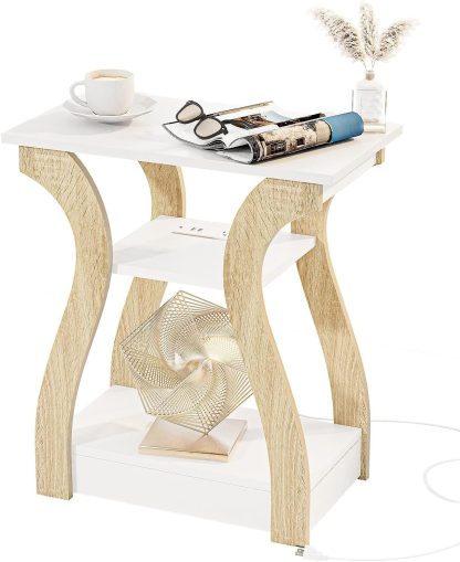 End Tables Living Room Set of 2 with Charging Station, Grey
