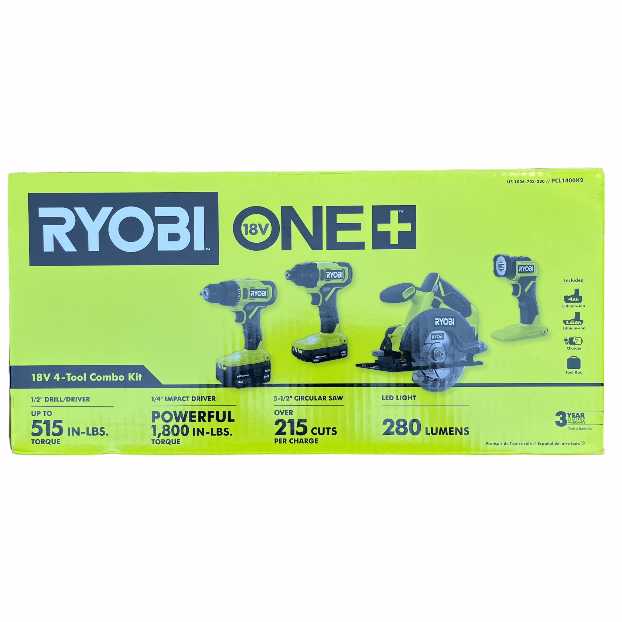 Ryobi ONE+ 18V Cordless 4-Tool Combo Kit with 1.5 Ah Battery, 4.0 Ah Battery, Charger and Storage Bag