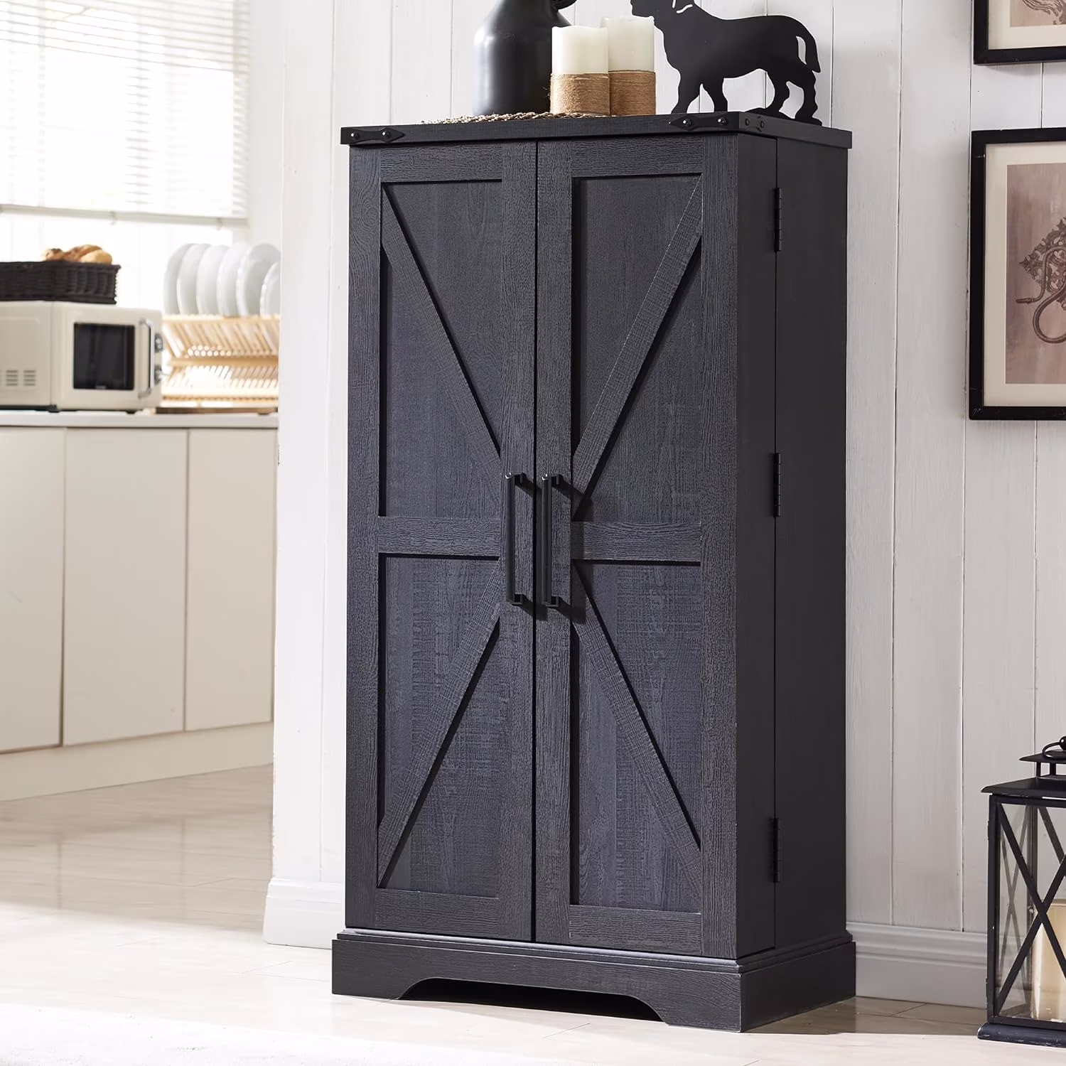 47" Kitchen Pantry, Farmhouse Storage Cabinet with Barn Doors, Organizer and Adjustable Shelves, Rustic Wood Cupboard for Kitchen, Dining Room, Bathroom and Hallway, Black