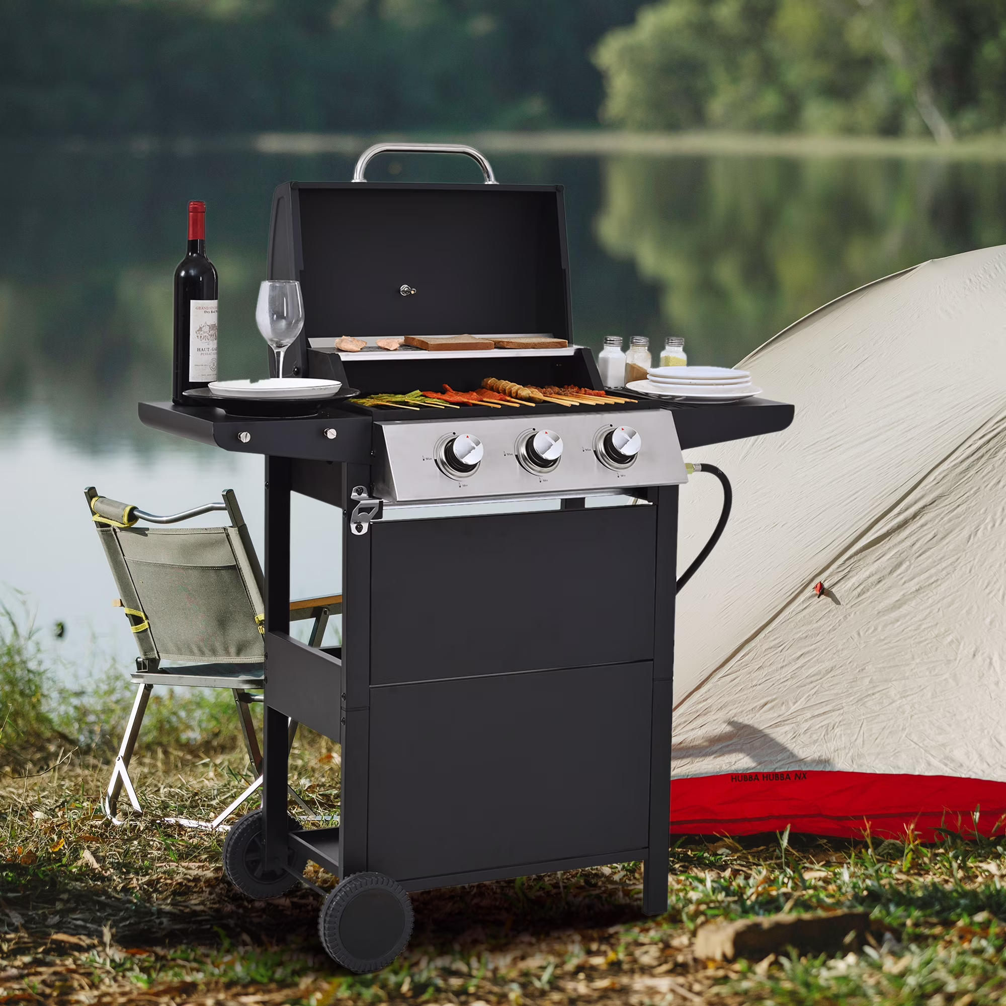 Qiushi 3-Burner Propane Gas Grill, 26,000 BTU Stainless Steel BBQ Grill with 2 Shelves & Thermometer, Outdoor Patio Grill with Electronic Ignition, Wheels & Bottle Opener - Durable & Even Heating