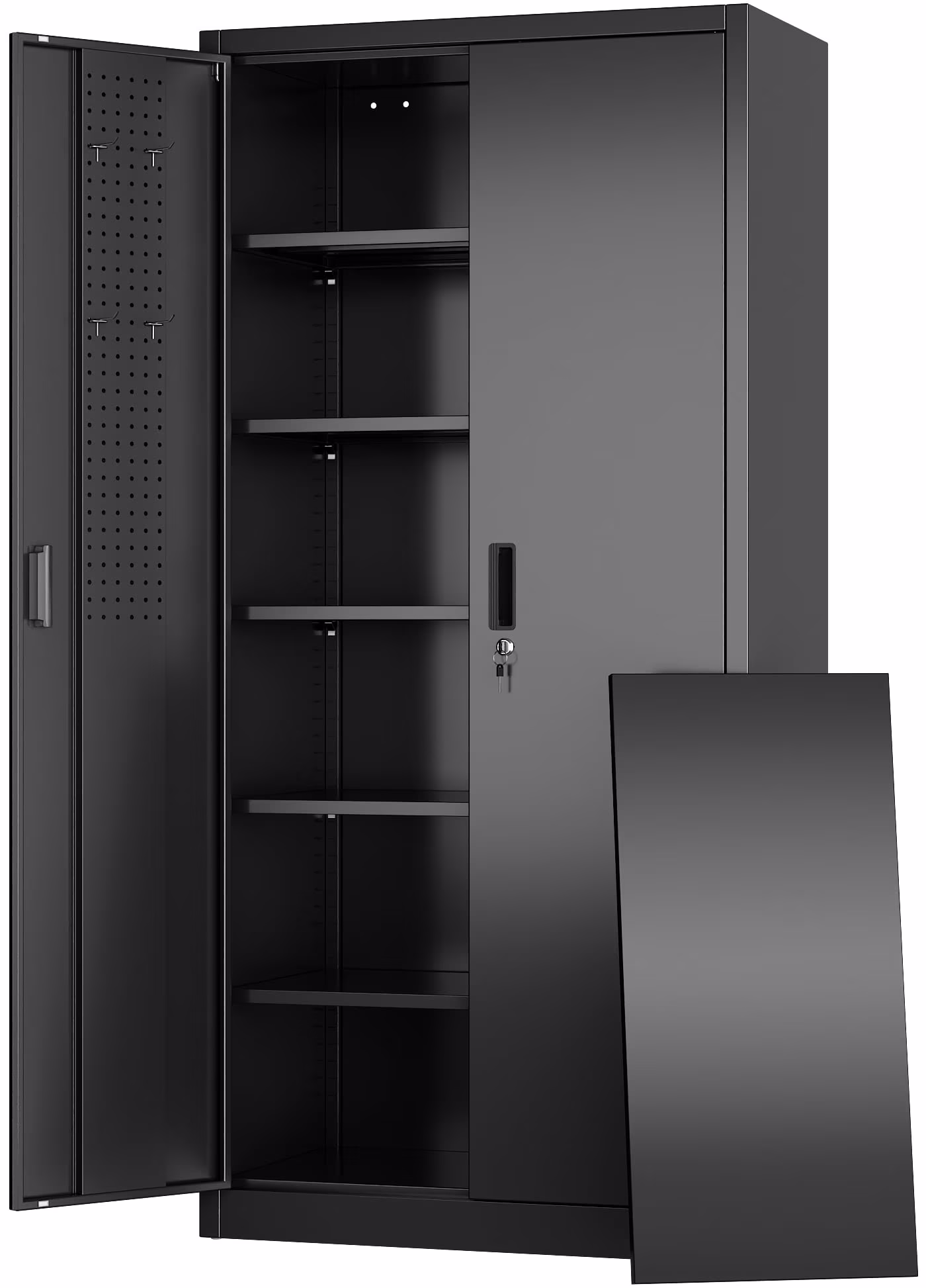 GangMei 71 Inches Tall Metal Garage Storage Cabinets with 5 Adjustable Shelves & Pegboards, Lockable Steel Black Storage Cabinet with Doors for Office, Home, School, Shops, Garage, Assembly required