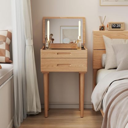 Solid Wood Small Vanity Desk with Mirror and Lights, 19.6", Natural
