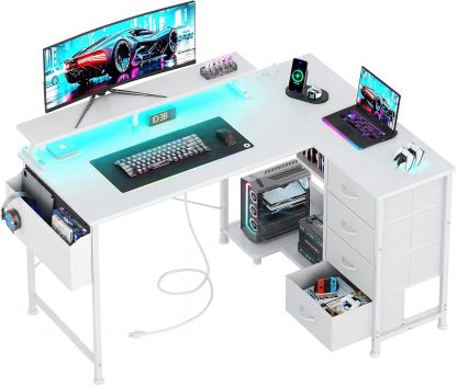 47" Reversible L Shaped Gaming Computer Desk, Corner Desk with Power Outlets & Monitor Stand, Writing Study Table with 4 Storage Drawers, Desk with LED Lights, White