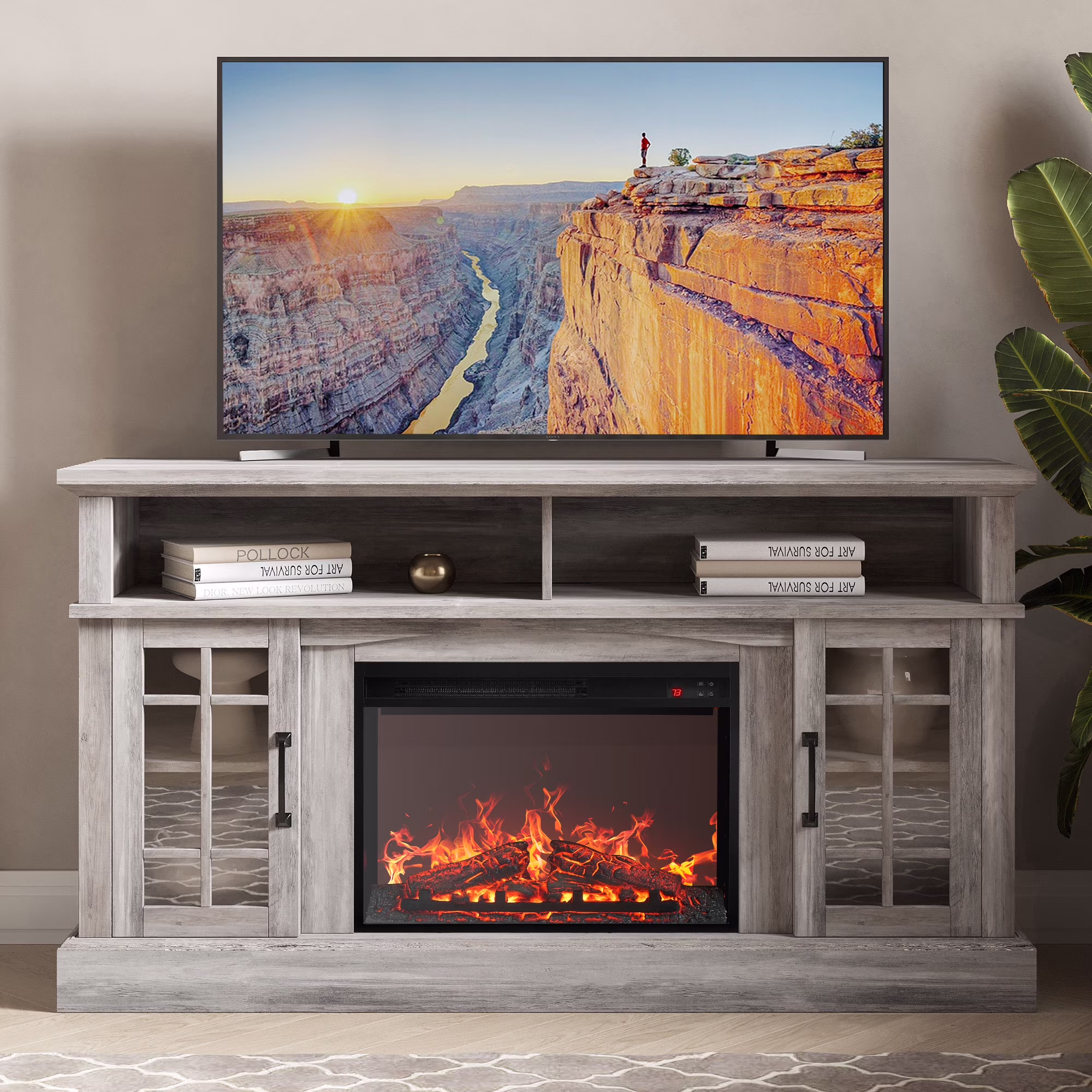 BELLEZE 58" TV Stand with 23" Electric Fireplace, Fireplace TV Console for TVs up to 65", Home Entertainment Center with Storage Cabinet and Adjustable Shelves - Astorga (Gray Wash)
