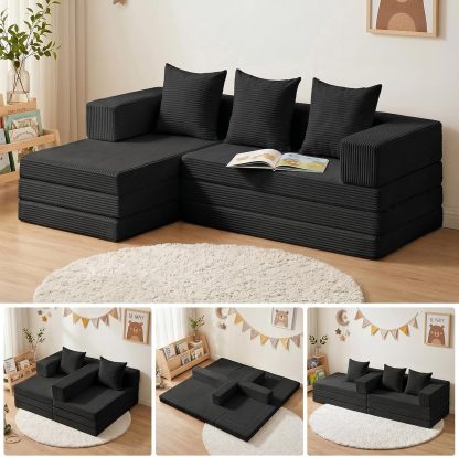 65" L Shaped Couch for Small Spaces, No Assembly Cloud Sectional Sofa with Deep Seat, Left Facing Chaise, 5-in-1 Modular 3 Seater Corduroy Couch for Apartment, Beige