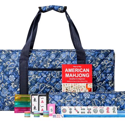 American Mahjong Set with Blue Carrying Bag, 166 White Tiles, 4 All-in-One Rack/Pushers, Mahjong Tiles Set (Ma Jong, Mah-Jongg, Majiang)