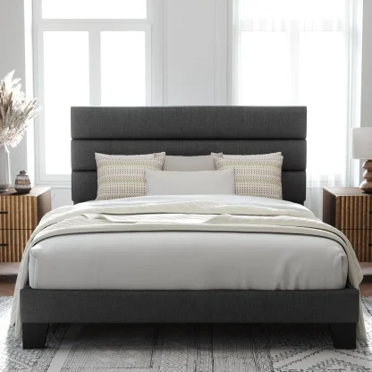 Queen Size Upholstered Platform Bed Frame, Dark Gray Fabric Bed with Headboard for Bedroom