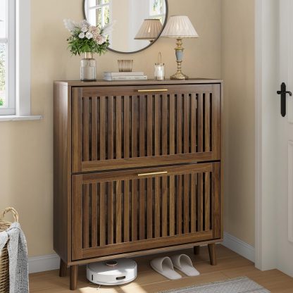 31.5" W Shoe Cabinet Storage for Entryway with 2 Flip Drawers, Shoe Cabinet with Slatted Panel, Hidden Shoe Rack Freestanding Slim Shoes Organizer for Hallway, Entrance, Walnut