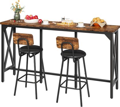 Bar Table and Chairs Set, Counter Height Table and Chairs with X-Shaped Supports, 1 Pub Table and 2 Chairs, for Dining Room, Living Room, Home Bar, Rustic Brown and Black
