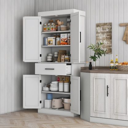 72" Tall Kitchen Pantry Cabinet Adjustable Shelves Barn Doors White