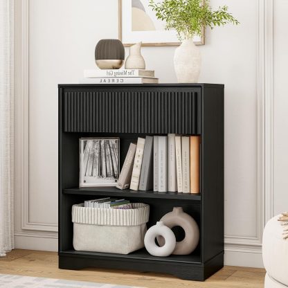 Small Bookcase with Fluted Drawer, 3-Tier Wood Bookshelf with Storage, Short Narrow Display Shelf for Small Spaces, Living Room, Home Office (Dark Walnut)