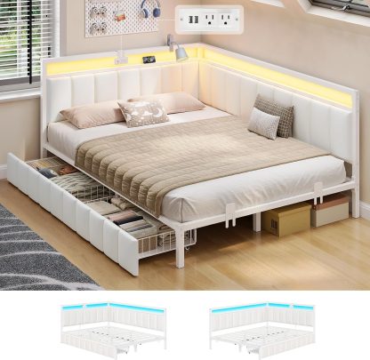 Corner Bed Frame with Storage Drawers, Twin Daybed with Line Fabric Upholstered Fence, Kids Bed Unit with LED Light and Charging Station, Modern Bed Frame Twin Size, Beige