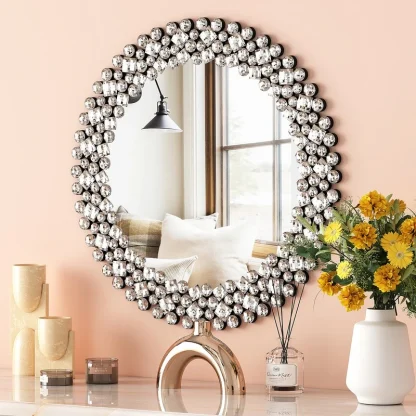 Modern Round Wall Mirror, Crystal Accent Decorative Mirror for Living Room, Bedroom and Entryway
