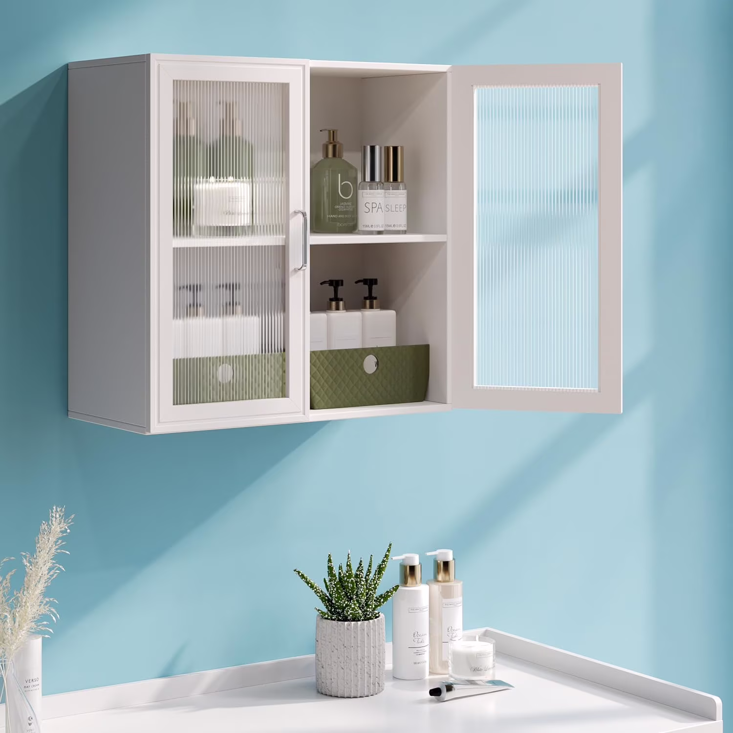24" Kitchen Wall Storage Cabinet - Led Farmhosue Food Cabinets Cupboards with 2 Doors and Shelves for Small Sparce in Dinning or Living Room