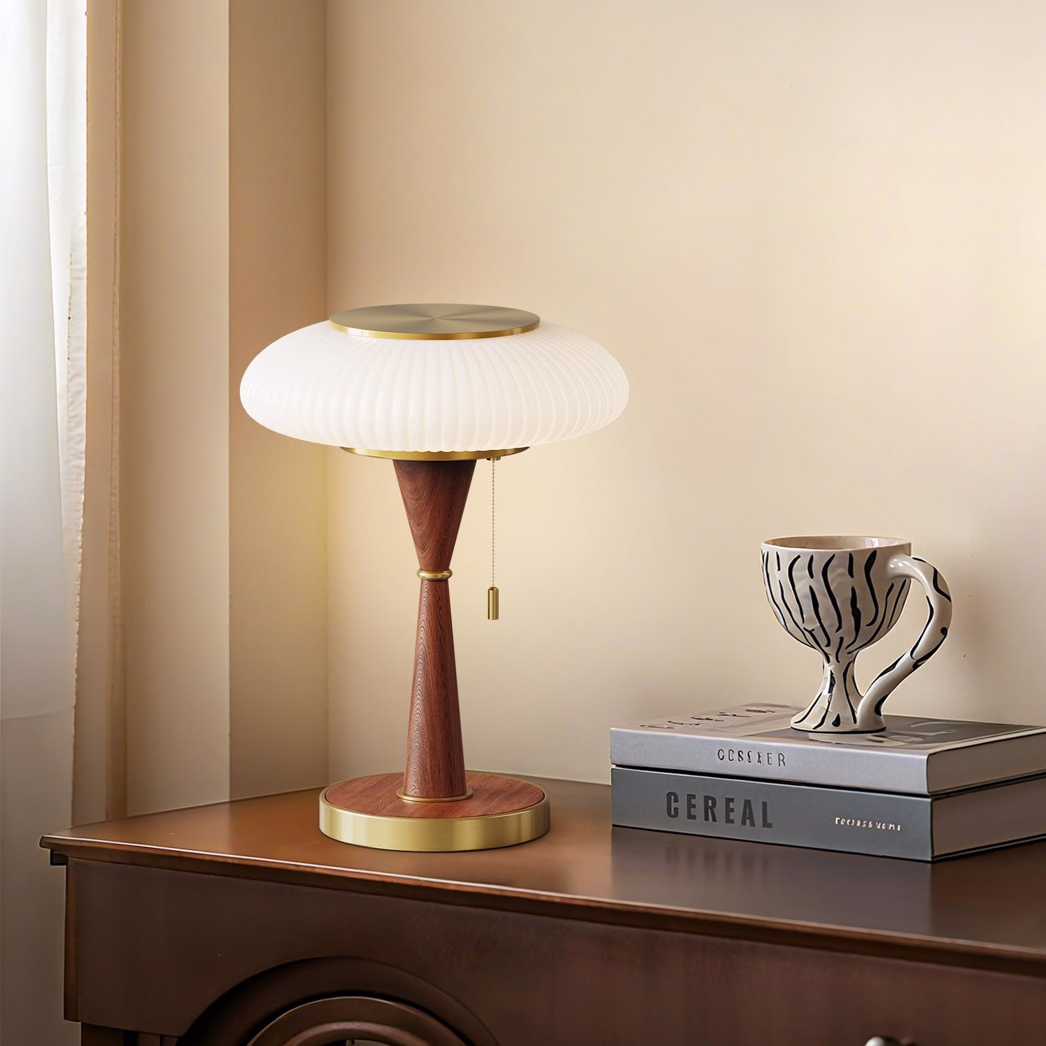 Mushroom Table Lamp for Bedroom & Living Room, Cute Mini Modern Mid-Century Bedside Lamp, Aesthetic Home Decor, Gold + Yellow Shade