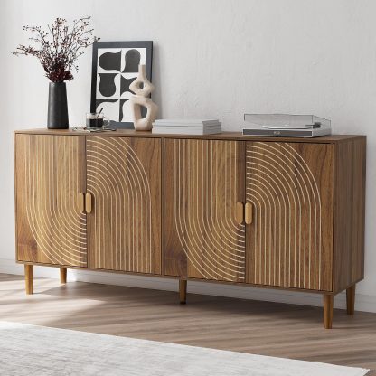 Walnut Sideboard Cabinet, Freestanding Buffet Cabinet with Line Groove Design, Wood Storage Cabinet with Adjustable Shelf for Living Room, Entryway, Hallway