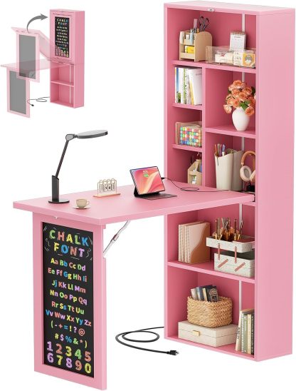 Small Folding Desk with Outlets, Fold-Out Murphy Desk Craft Table
