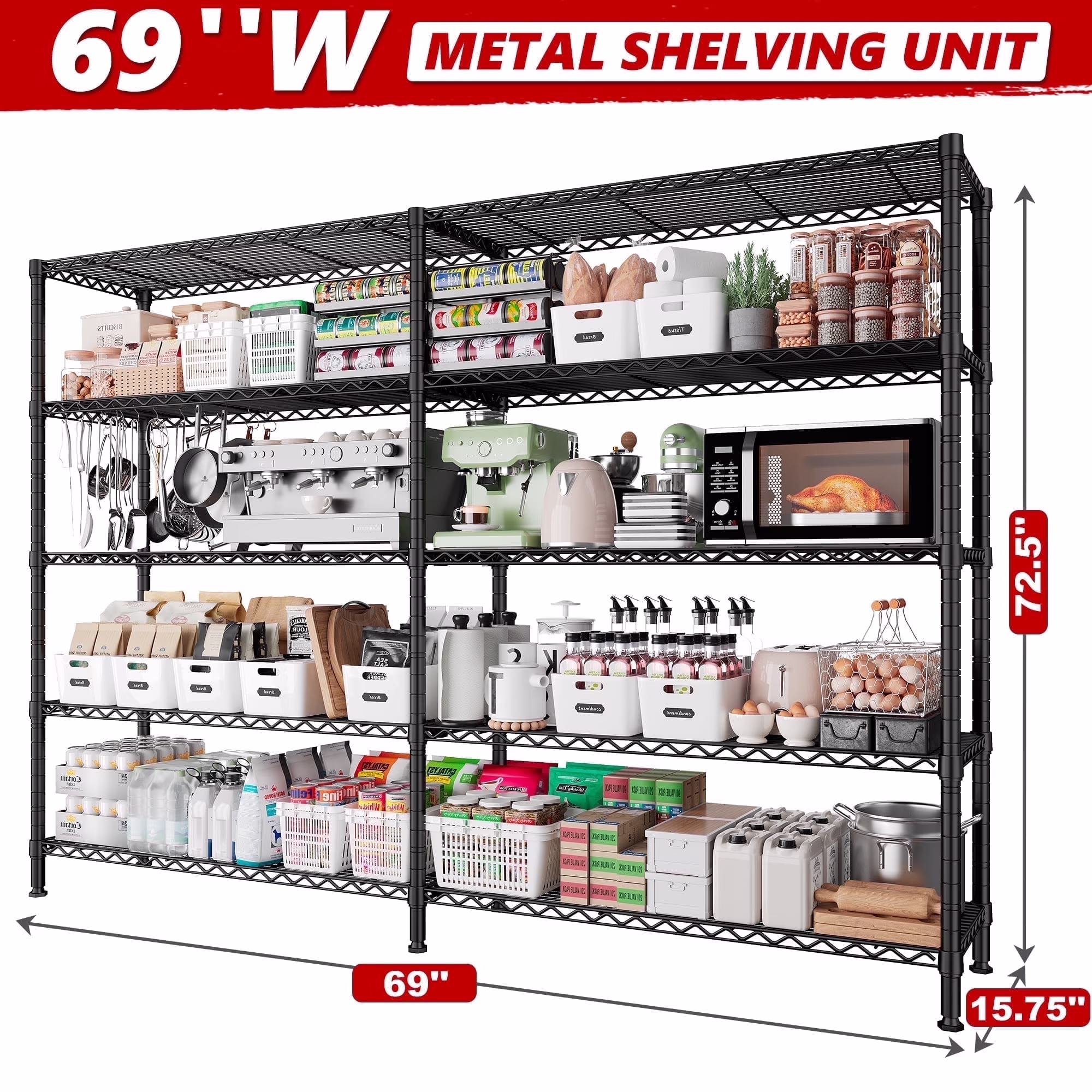 REIBII 68.9"W Heavy Duty Storage Shelves 72.4"H Wire Shelving Unite 5-Tier Adjustable Metal Shelves Garage Shelving Steel Shelf for Kitchen Pantry Basement,Black