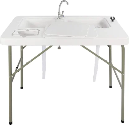 Folding Fish Cleaning Table, Outdoor Camping Sink Station with Sink & Faucet Drainage Hoses, Portable Camping Sink Table for Beach Fishing Patio Picnic
