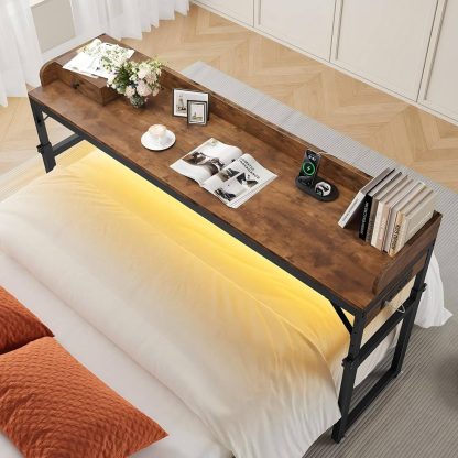 Overbed Table with Wheels, Rolling Table with Outlets and Light Strip for Queen Bed, Mobile Bed Desk with Drawer and Adjustable Height, White