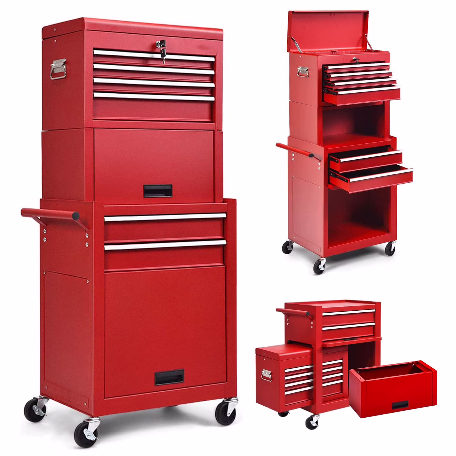 NIGSQJB 3-In-1 Tool Chest on Wheels with 6 Drawers, 52"H Tool Storage Cabinet with Auto Locking System,Detachable Top,Tool Box Organizer for Garage,Workshop,Repair Shop,DIY, Red