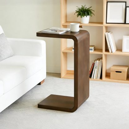 C Shaped End Table for Couch, Wooden C Table for Sofa, Walnut