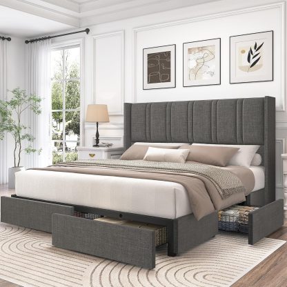 Queen Size Bed Frame with 4 Storage Drawers and Wingback Headboard Linen Upholstered Platform Bed Frame with Wooden Slats, Easy Assembly, White