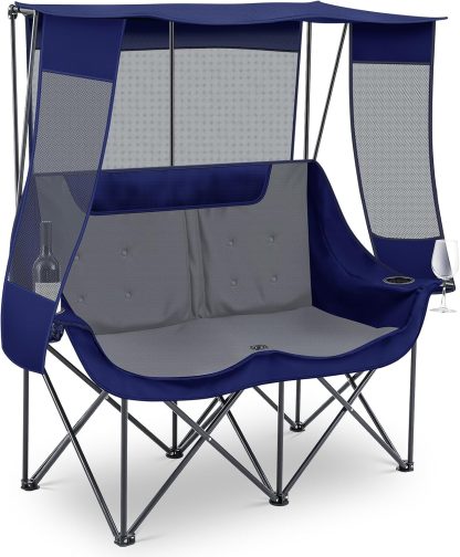 Double Camping Chair with Canopy 660lbs Heavy Duty, Black and Grey