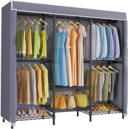 V5C SE Covered Garment Rack Heavy Duty Clothes Rack with Cover and Adjustable Shelves, Freestanding Portable Closet Racks Clothes Storage Wardrobe Closets, Black Clothing Racks with Grey Cover