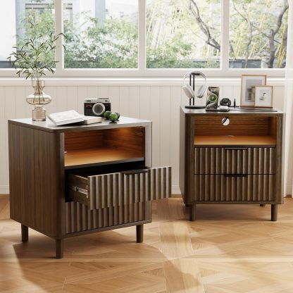 Fluted Nightstand with Charging Station, 2 Drawers Oak