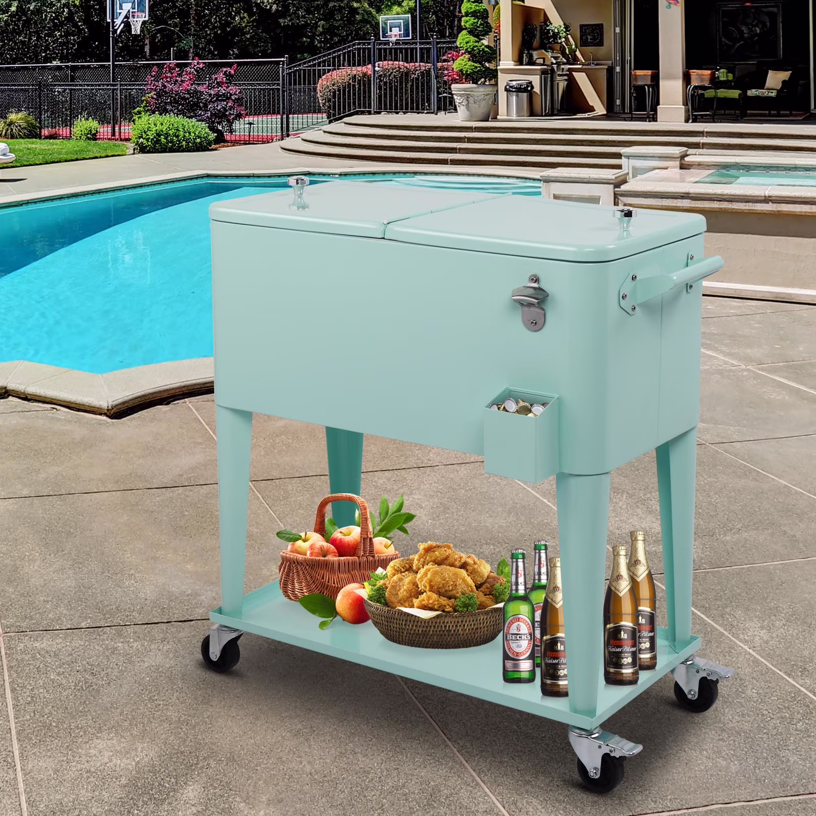 EasingRoom Iron Spray Plastic Patio Cooler Cart with Tray Cooler with Shelf Green
