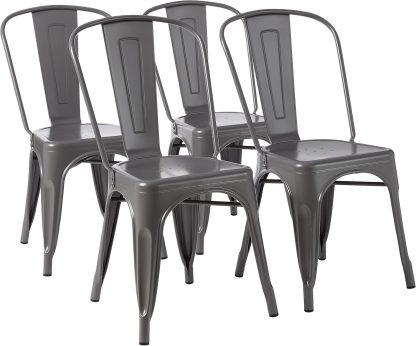 Metal Dining Chairs, Easy to Assemble, Indoor/Outdoor, Stackable, Matte Black, 4-Pack