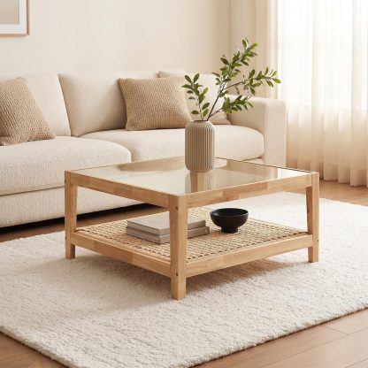 Modern Round Coffee Table, 30.7" x 30.7" x 16.1" Tempered Glass Top for Living Room, Color: Walnut