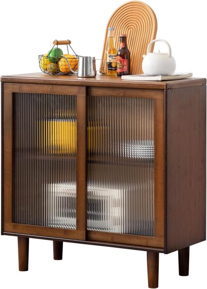Bamboo Sideboard Buffet Cabinet, Rattan Kitchen Storage Cabinet, Boho Coffee Bar Tables for Kitchen Living Room Hallway Office, Walnut