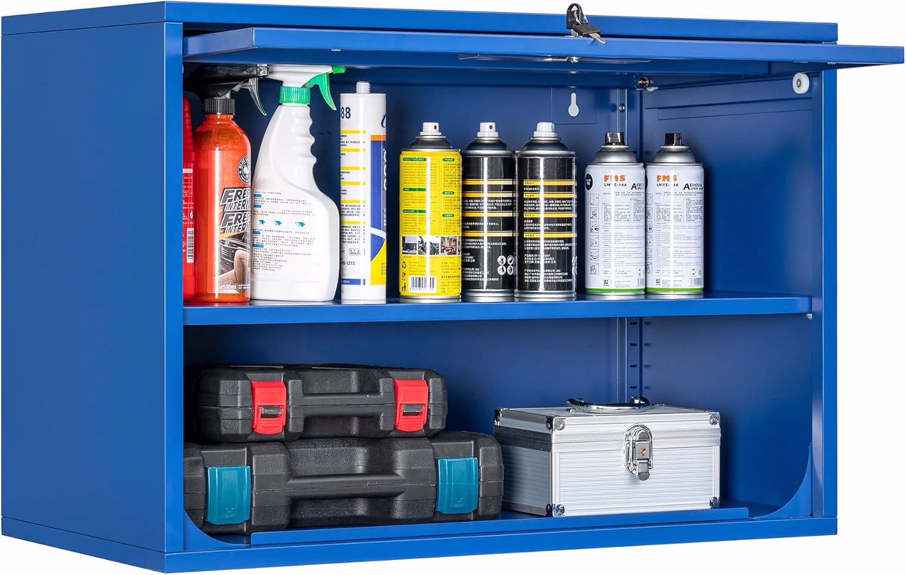 Metal Storage Cabinet Blue Wall Cabinets with Shelf and Locking Door - Wall Mounted Storage Cabinet for Garage Warehouse Home Office - Assembly Required