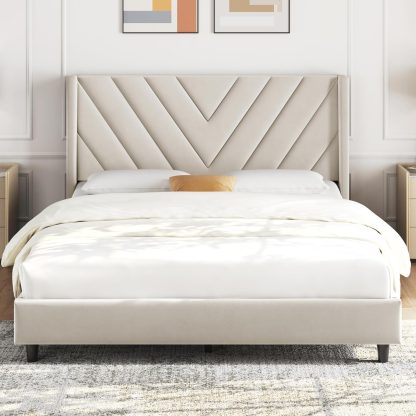 Twin Bed Frame with Chevron Channel-Tufted Headboard, Light Gray