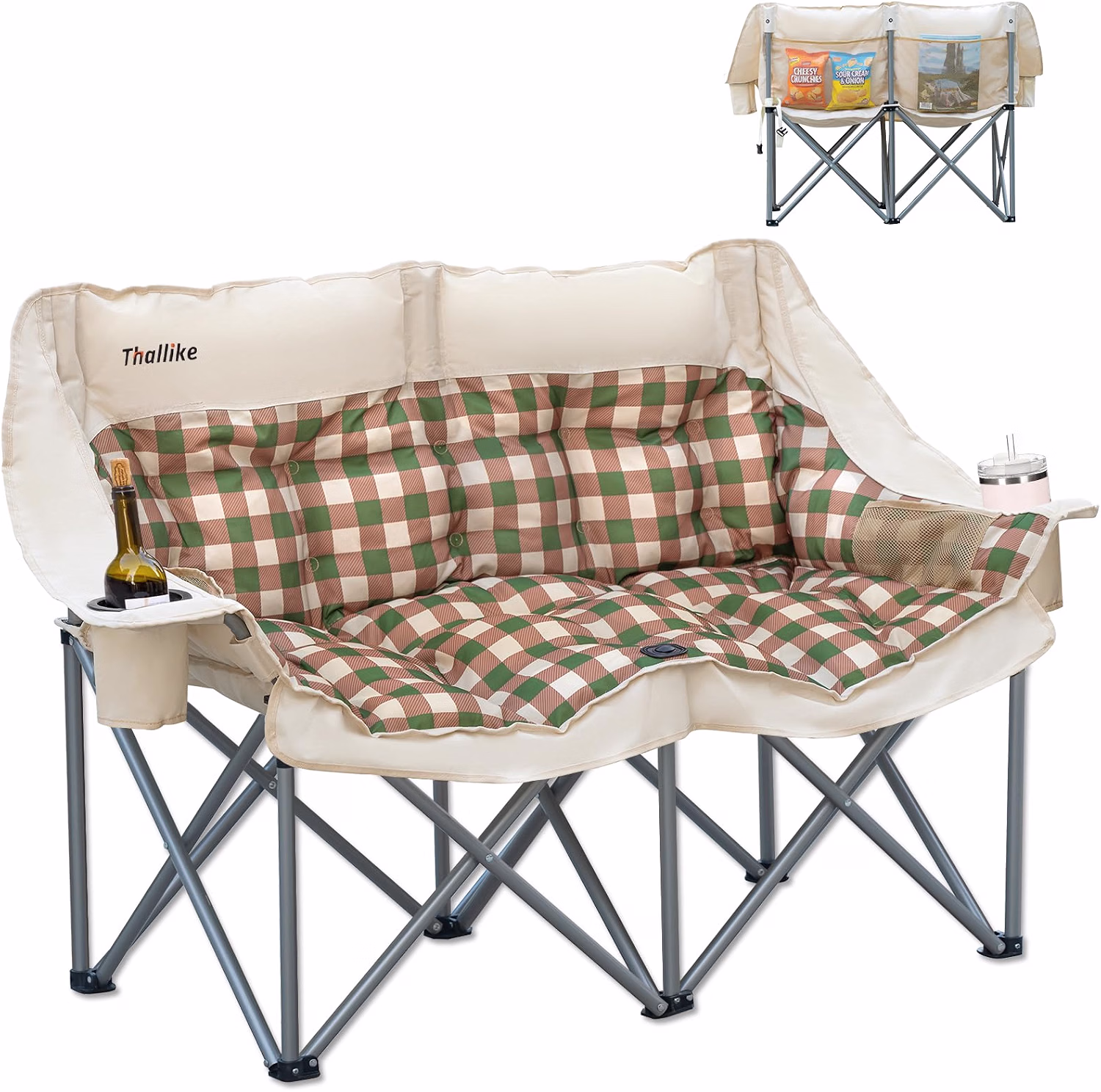 Double Camping Chair, Oversized 2 Person Camp Chairs with Cup Holders Side & Backrest Mesh Pockets Padded Loveseat Camping Chair Foldable for Outdoor Lawn Backyard Beach Support 800LB