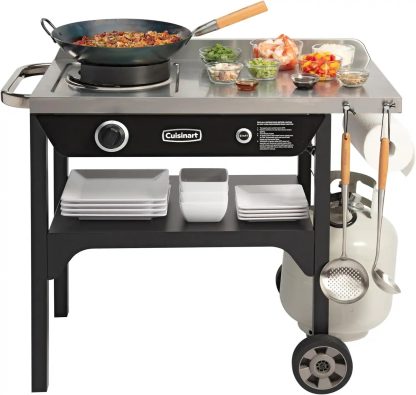 Outdoor Wok Station, 50,000 BTU Propane Outdoor Wok Burner w Prep Table, 14 Carbon Steel Wok for Stir Fry, Searing, BBQ Black