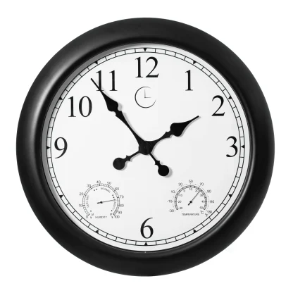 Large Outdoor Wall Clock with Thermometer, Waterproof Silent Garden Weather Station, Black