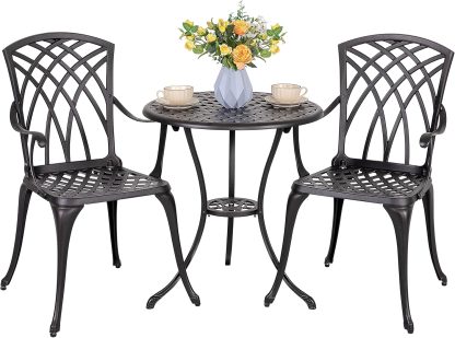 Bistro Set 3 Piece Outdoor Cast Aluminum Patio Bistro Set, Patio Table and Chairs Set of 2 with Umbrella Hole and Gray Cushions, Black