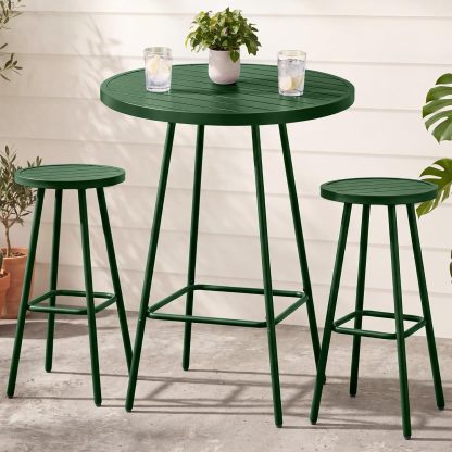 3-Piece Patio Dining Set, Bar Height, Outdoor Bistro Set, Outdoor Round Bar Table w/ 2 Bar Stools, Steel - White