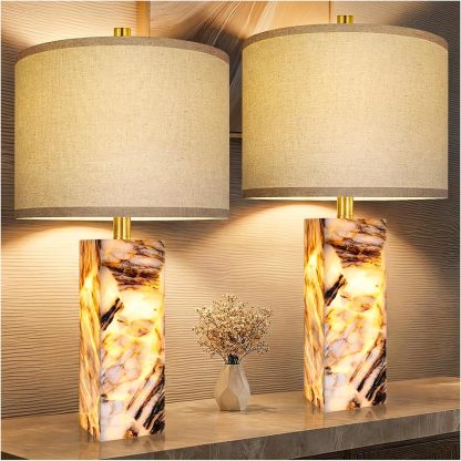 Alabaster Table Lamps with Night Light, Bedside Lamp with USB A+C