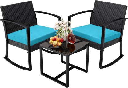 3 Pieces Outdoor Furniture Set, Patio Bistro Rocking Chairs with Glass Coffee Table for Pool, Beach, Backyard, Balcony, Porch, Deck, Garden, Black