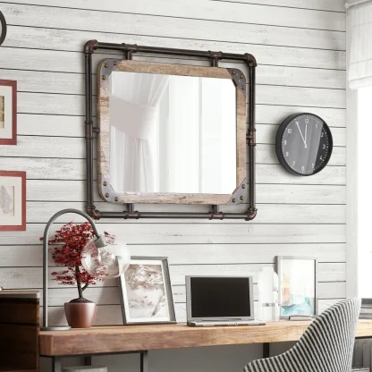 31 Inch Industrial Metal Floating Wall Mirror, Modern Decorative Wall Mirror