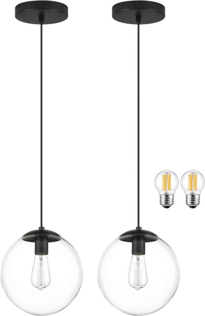 14" Gold Globe Pendant Light, Mid Century Pendant Light, Clear Glass Pendant Lights, Kitchen Island Adjustable Hanging Light Fixture for Dining Room, Bedroom, Kitchen Island