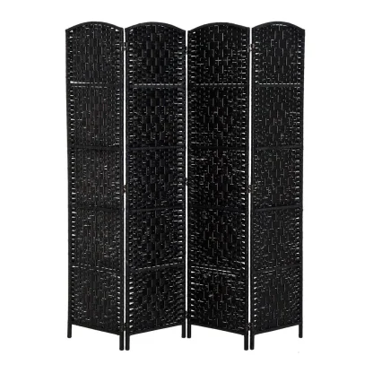 6 Ft Tall Four-Panel Wicker Weave Room Divider, Black Wood Privacy Screen