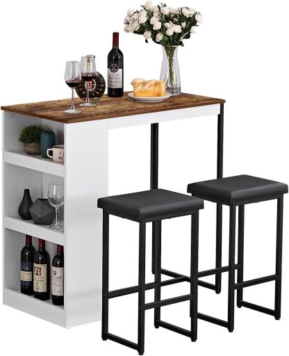 3 Piece Dining Table Set, Kitchen Bar Table with Two Stools, Storage Shelves, Wood Counter Height Table Top with Sew Kerf Finish for Dining Room, Home