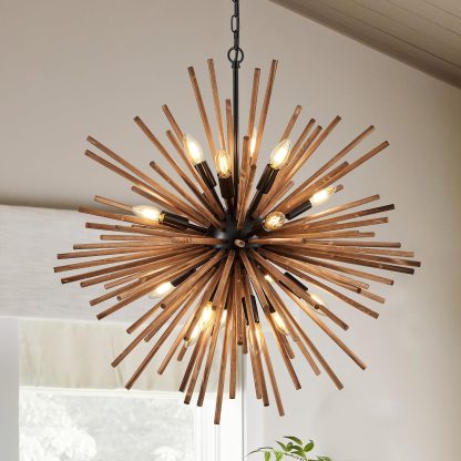 23.6" Farmhouse Sputnik Chandelier for Dining Room Rustic Handmade Natural Wood 12-Light Hanging Ceiling Pendant Light Fixture Starburst Wood Chandeliers for Kitchen Bedroom Foyer Hallway