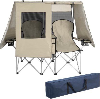 Double Camping Chair with Canopy Shade, Folding Loveseat for Adults